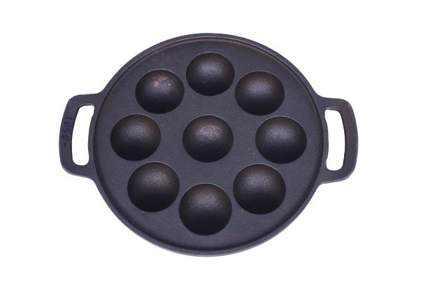 Cast Iron Paniyaram Pan - 9 Pits - Round - Double Handle Premium