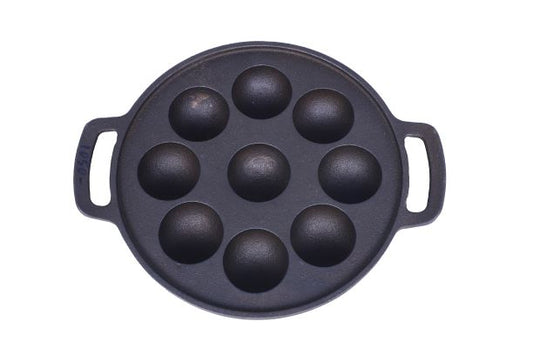 Cast Iron Paniyaram Pan - 9 Pits - Round - Double Handle Premium